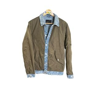 Zara Man Olive Green Denim Mix Bomber Jacket Size M